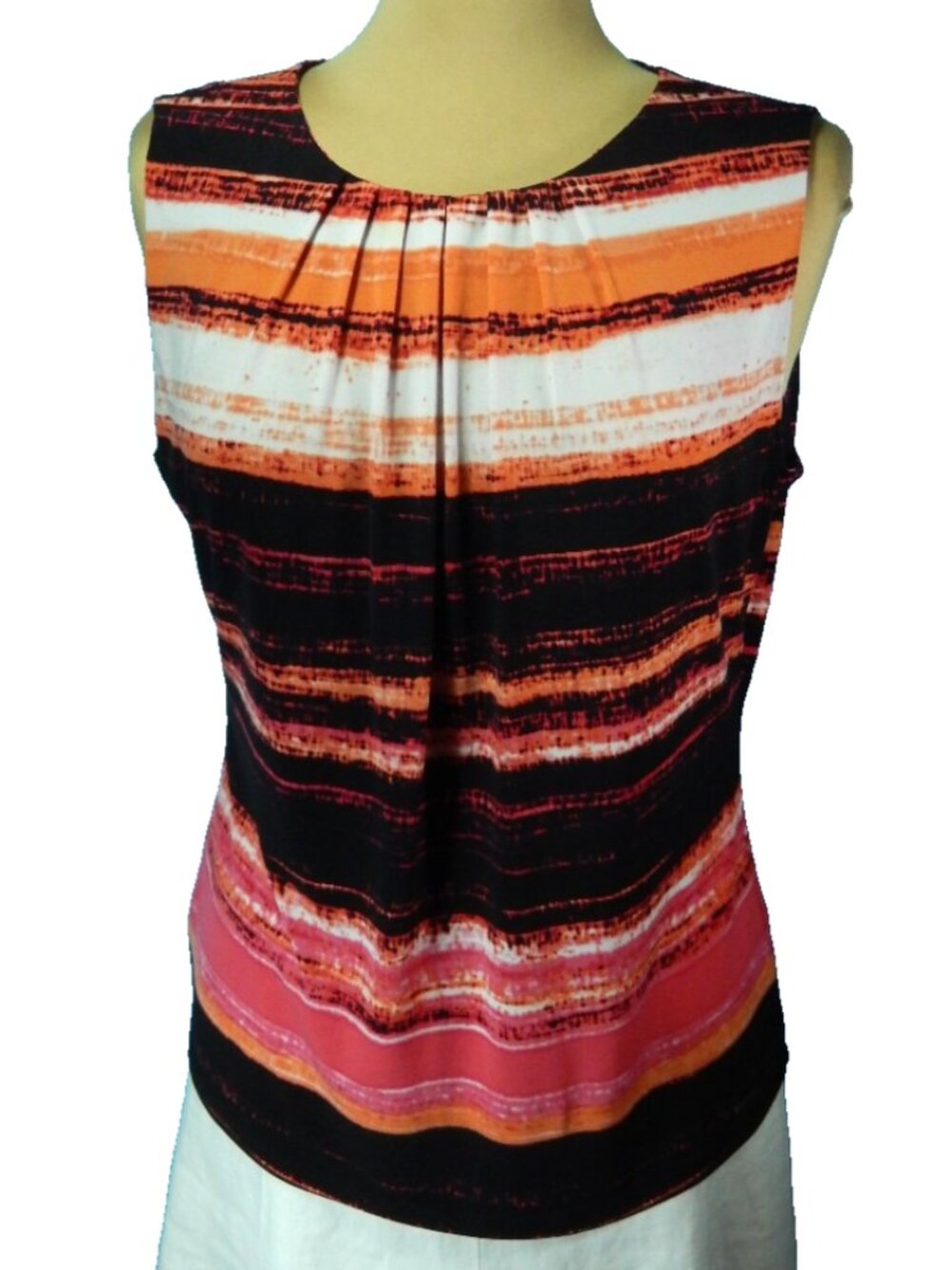 Calvin Klein Orange & Pink Striped Pleated Neck Sleeveless Career Top Large EUC